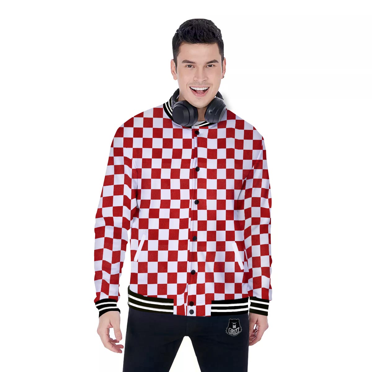 Checkered White And Red Print Pattern Baseball Jacket-grizzshop
