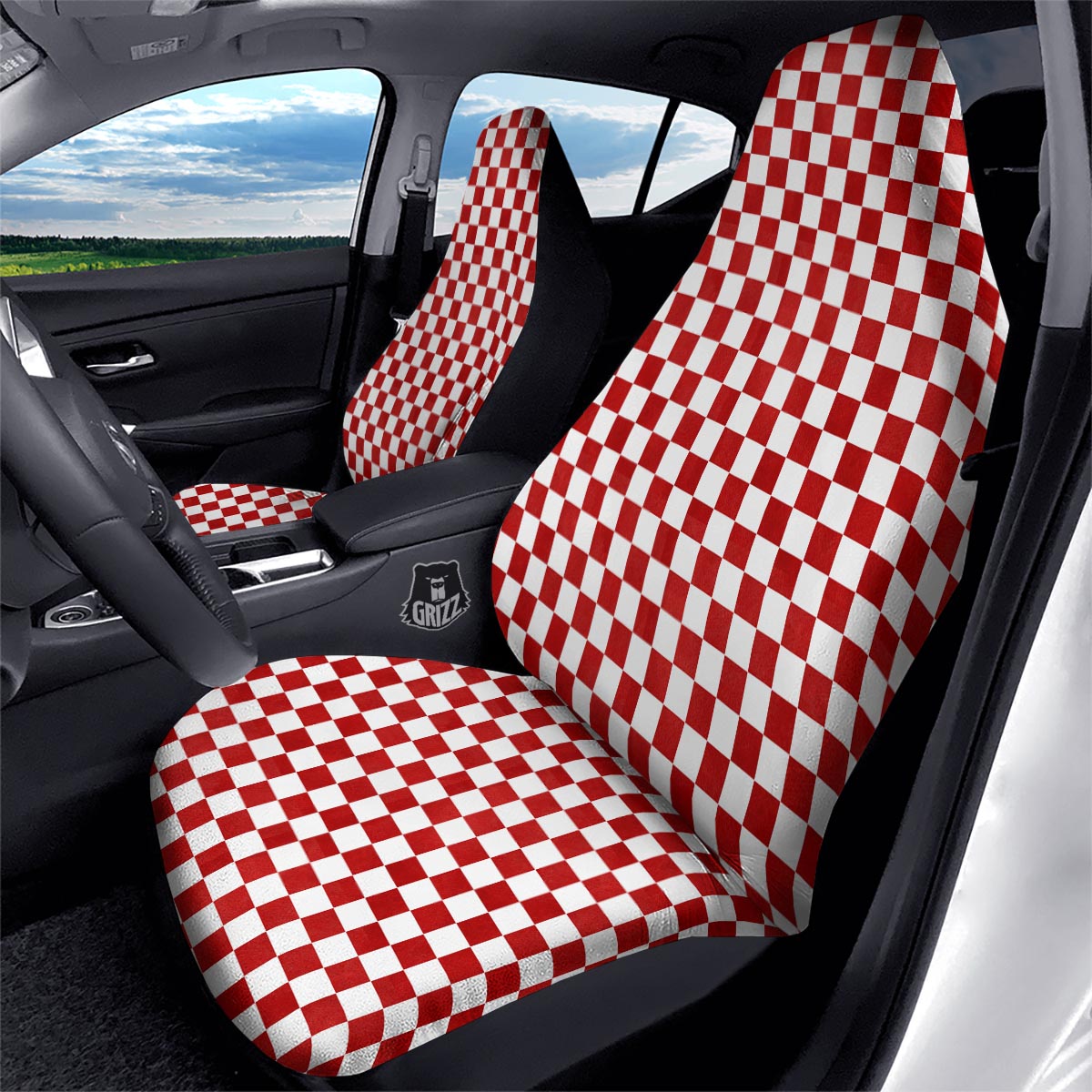 Checkered White And Red Print Pattern Car Seat Covers-grizzshop