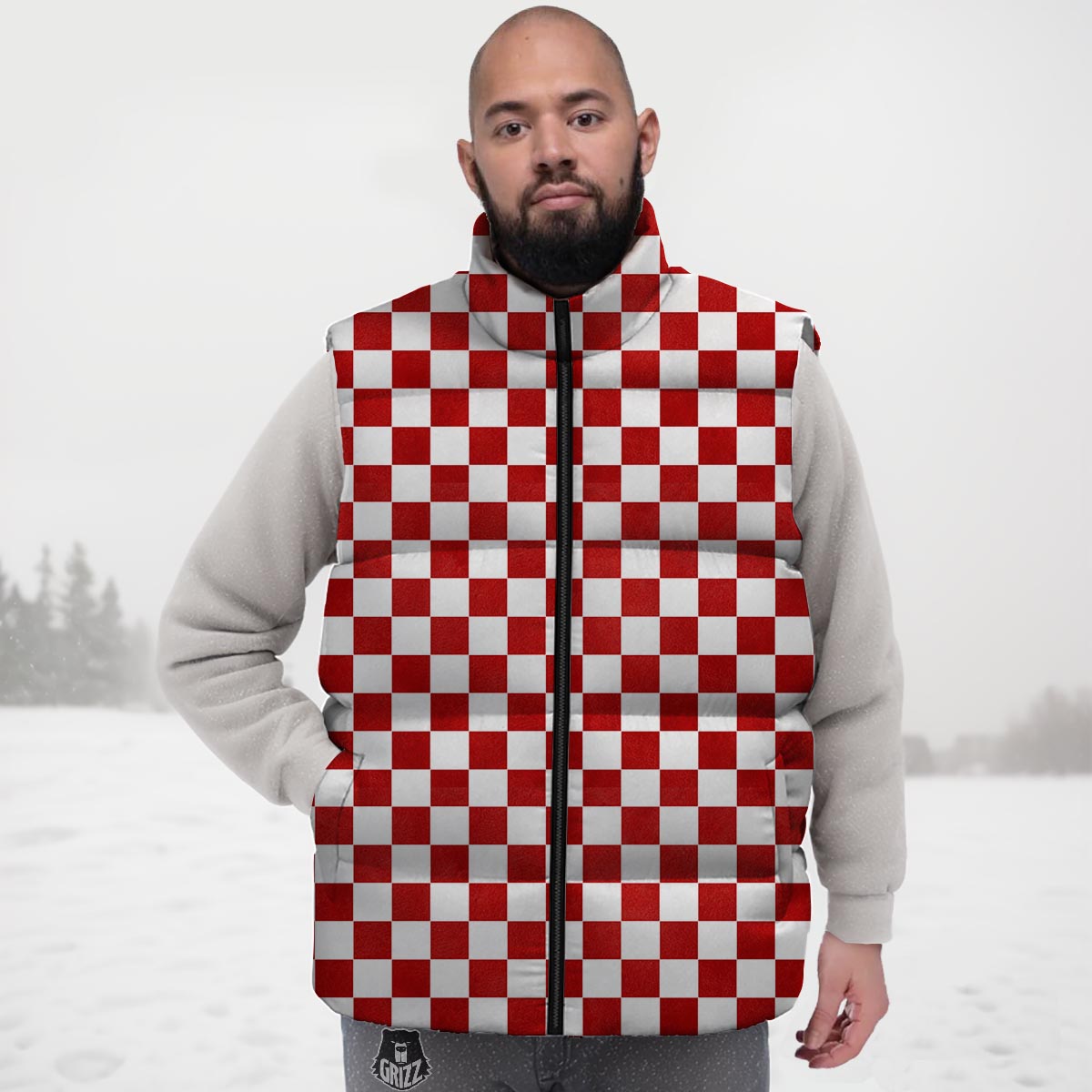 Checkered White And Red Print Pattern Down Vest