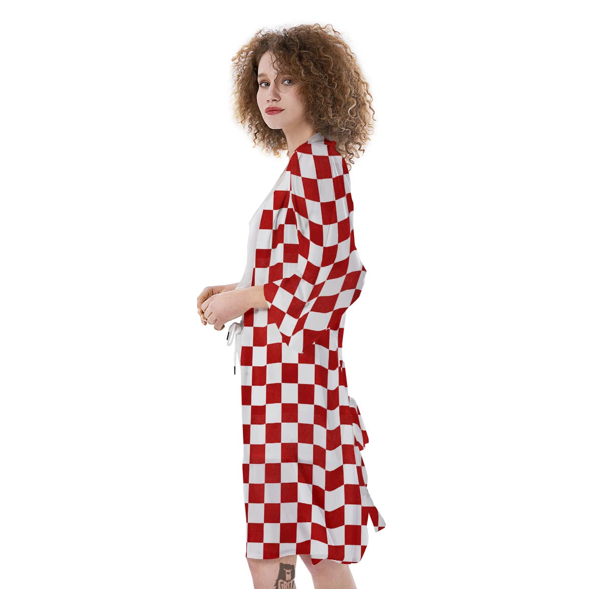 Checkered White And Red Print Pattern Kimono-grizzshop