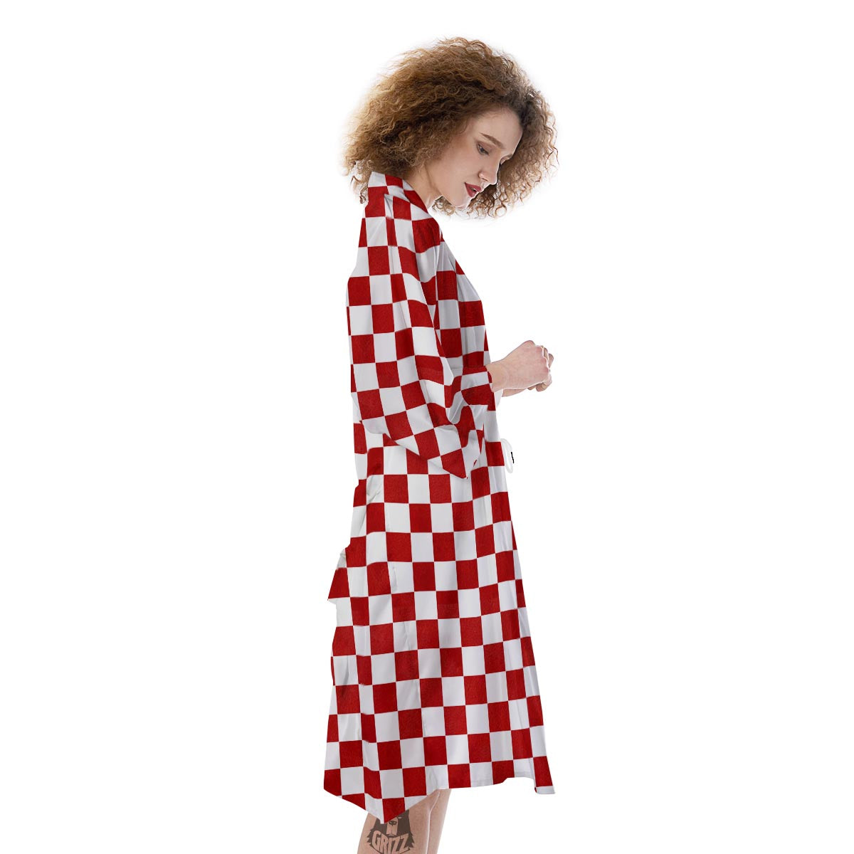 Checkered White And Red Print Pattern Kimono-grizzshop