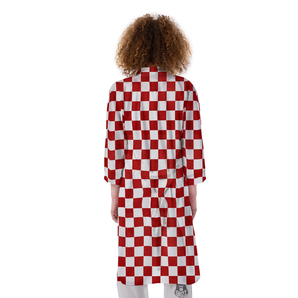 Checkered White And Red Print Pattern Kimono-grizzshop
