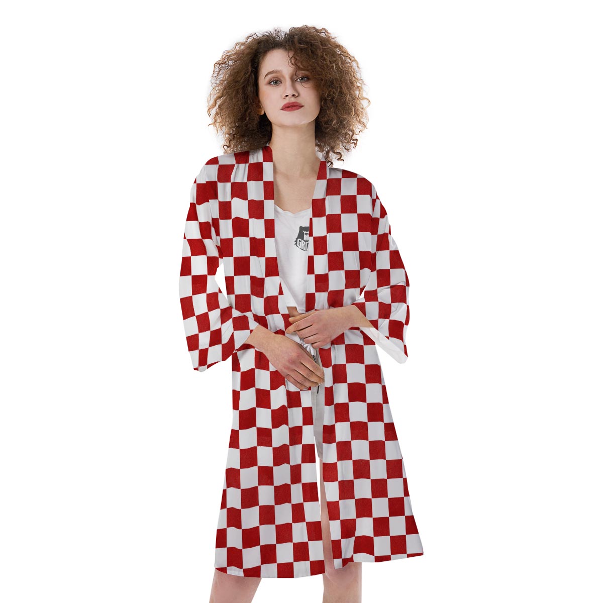 Checkered White And Red Print Pattern Kimono-grizzshop