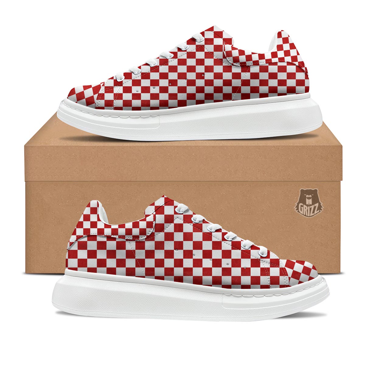 Checkered White And Red Print Pattern Platform Shoes-grizzshop