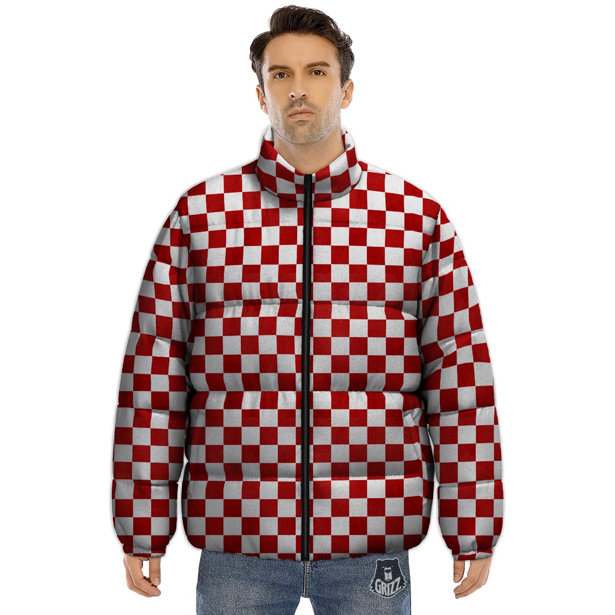 Checkered White And Red Print Pattern Puffer Jacket-grizzshop
