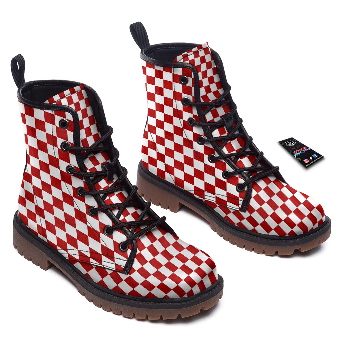 Checkered White And Red Print Pattern Work Boots-grizzshop