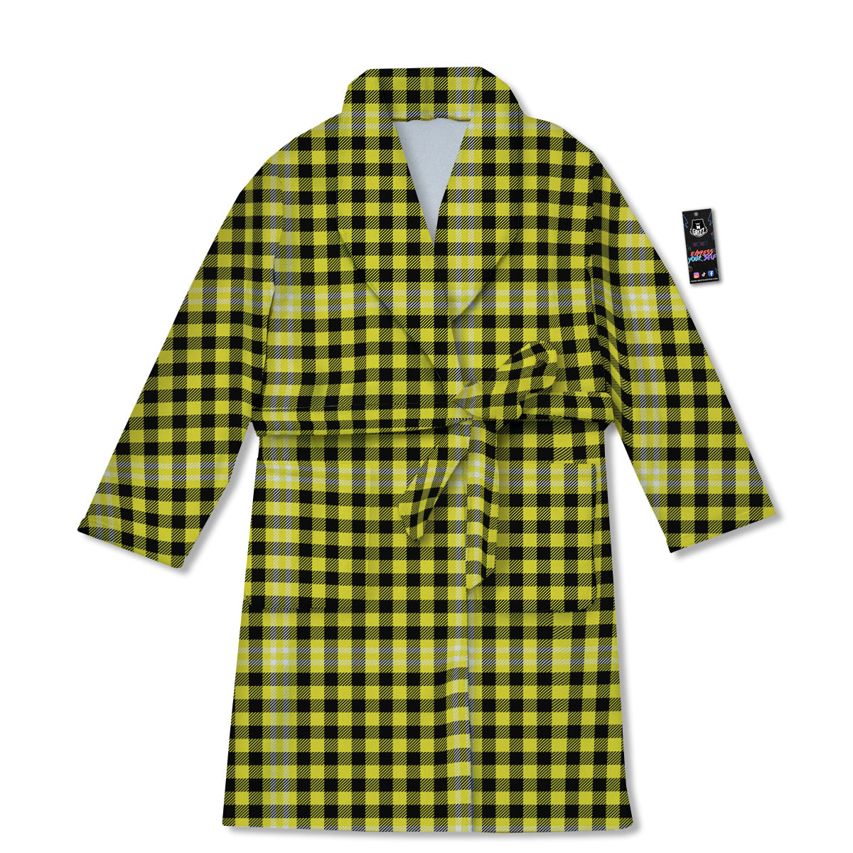 Checkered Yellow And Black Print Pattern Bathrobe-grizzshop