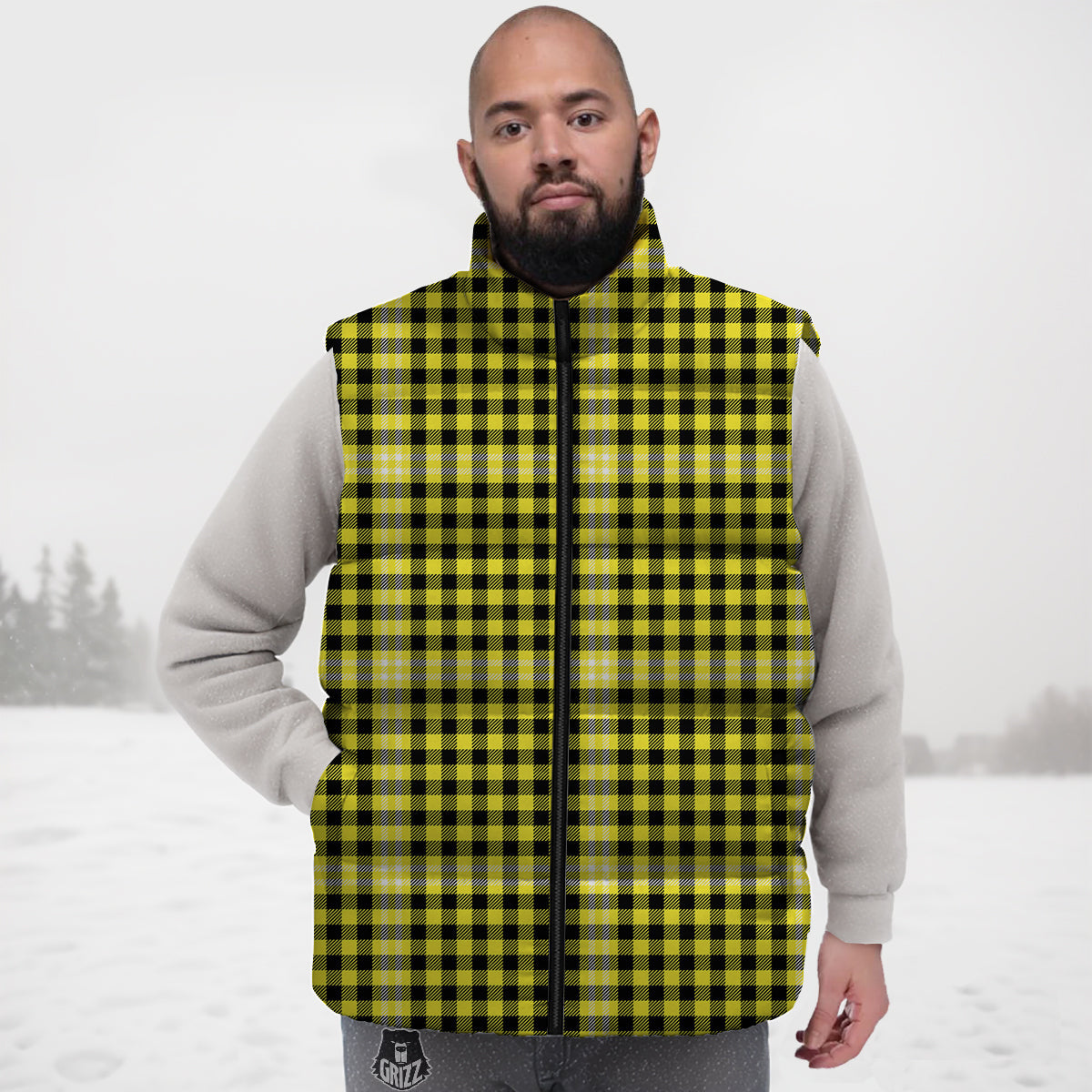 Checkered Yellow And Black Print Pattern Down Vest