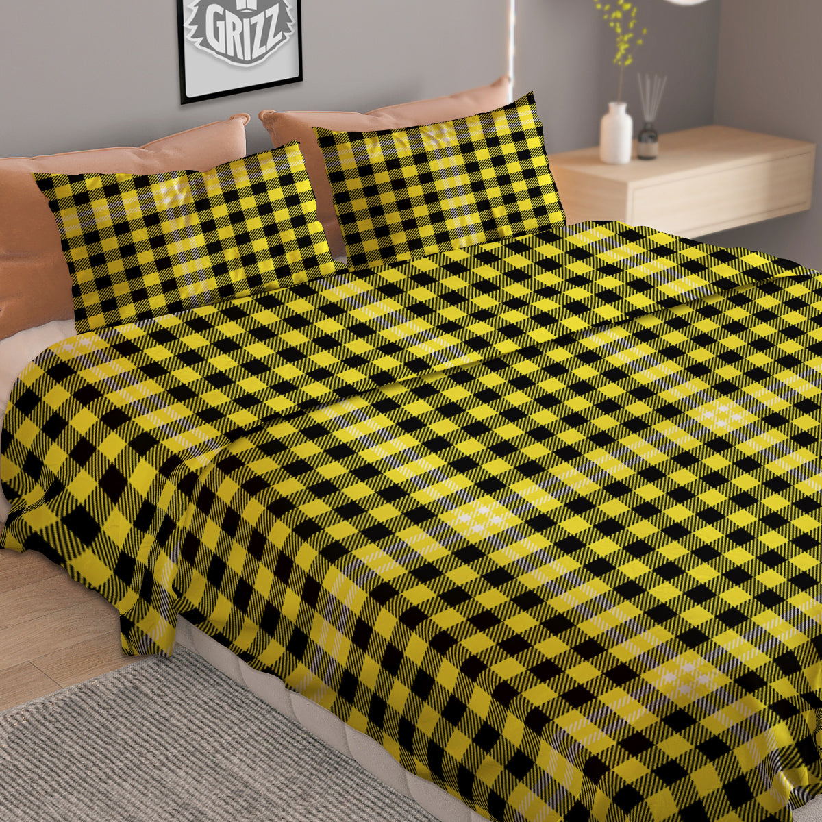 Checkered Yellow And Black Print Pattern Duvet Cover Bedding Set