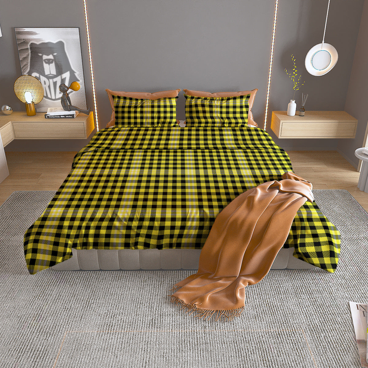 Checkered Yellow And Black Print Pattern Duvet Cover Bedding Set