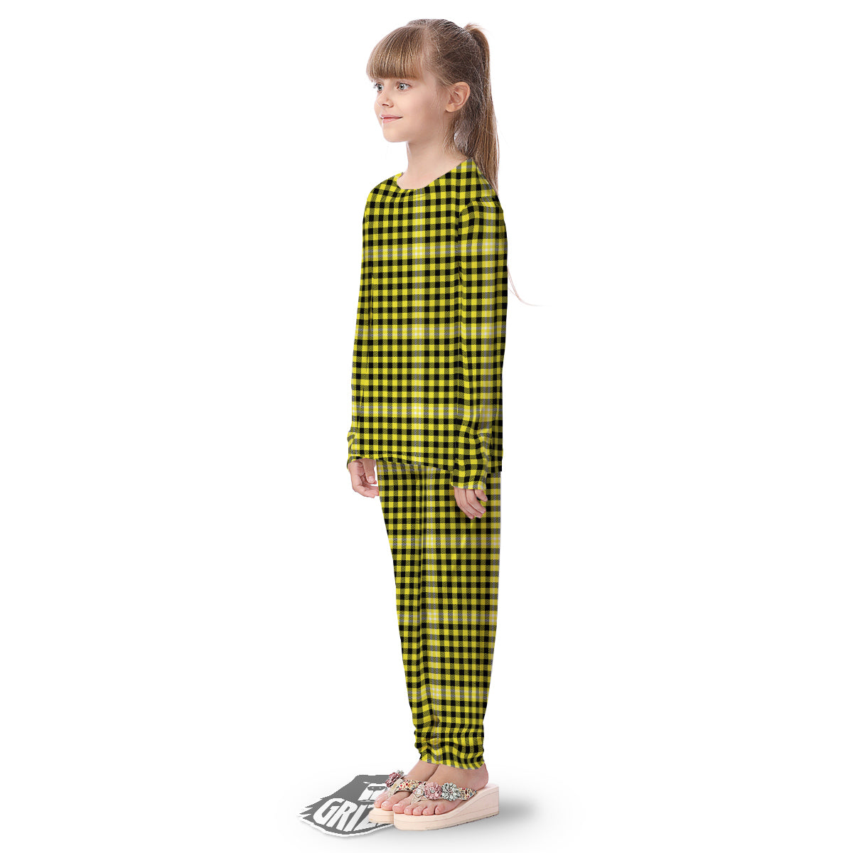Checkered Yellow And Black Print Pattern Kid's Pajamas-grizzshop