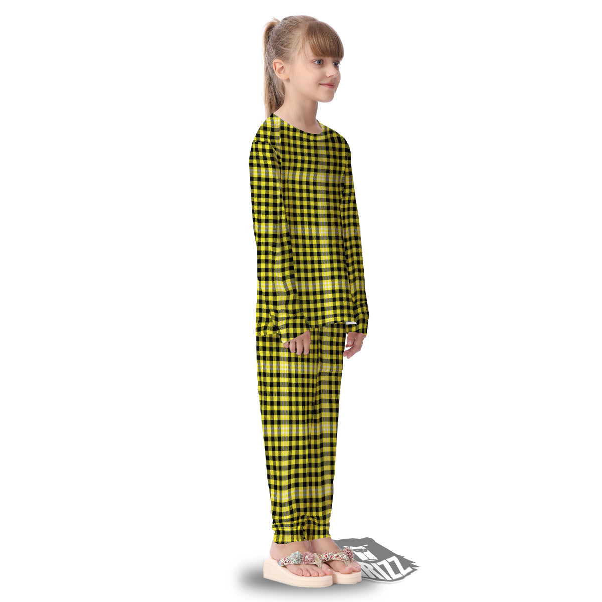 Checkered Yellow And Black Print Pattern Kid's Pajamas-grizzshop