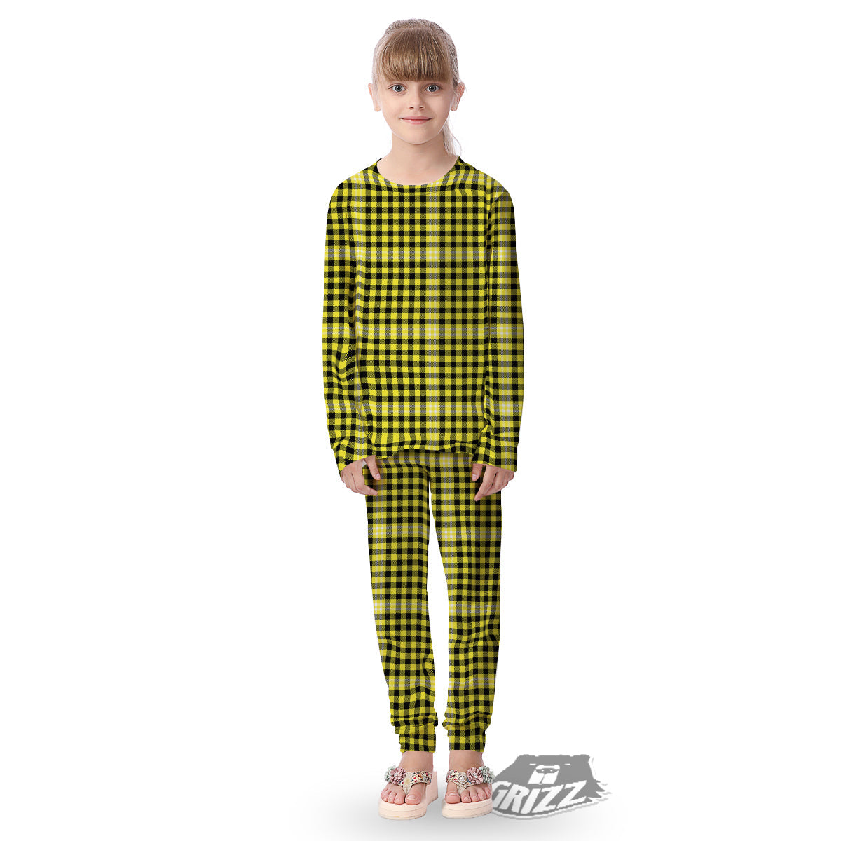 Checkered Yellow And Black Print Pattern Kid's Pajamas-grizzshop