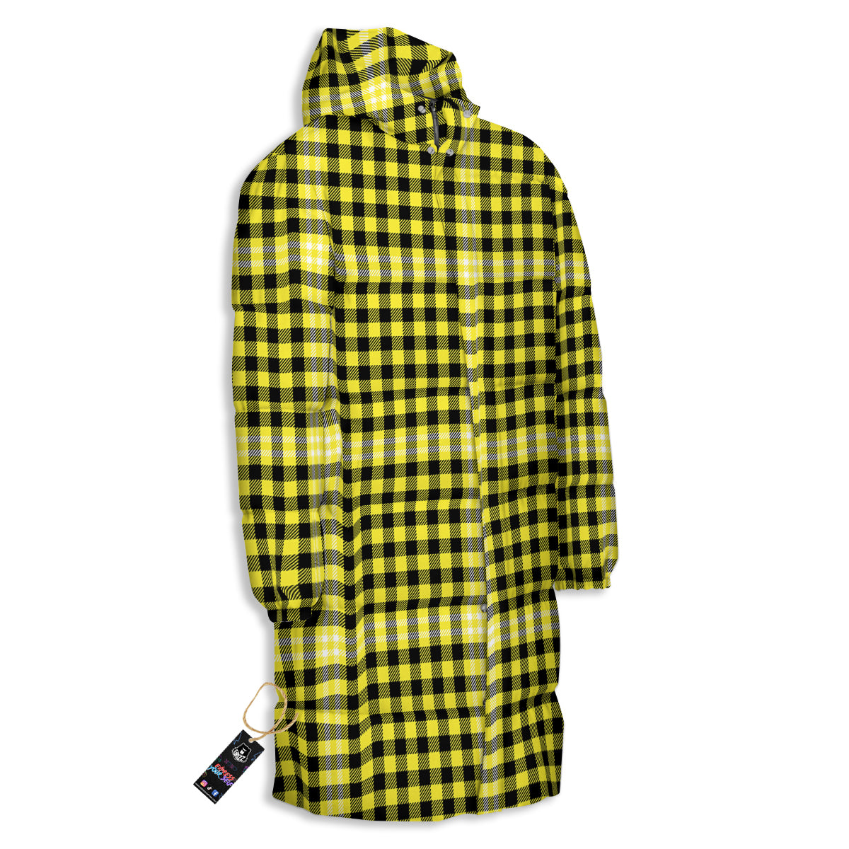 Checkered Yellow And Black Print Pattern Long Down Jacket-grizzshop