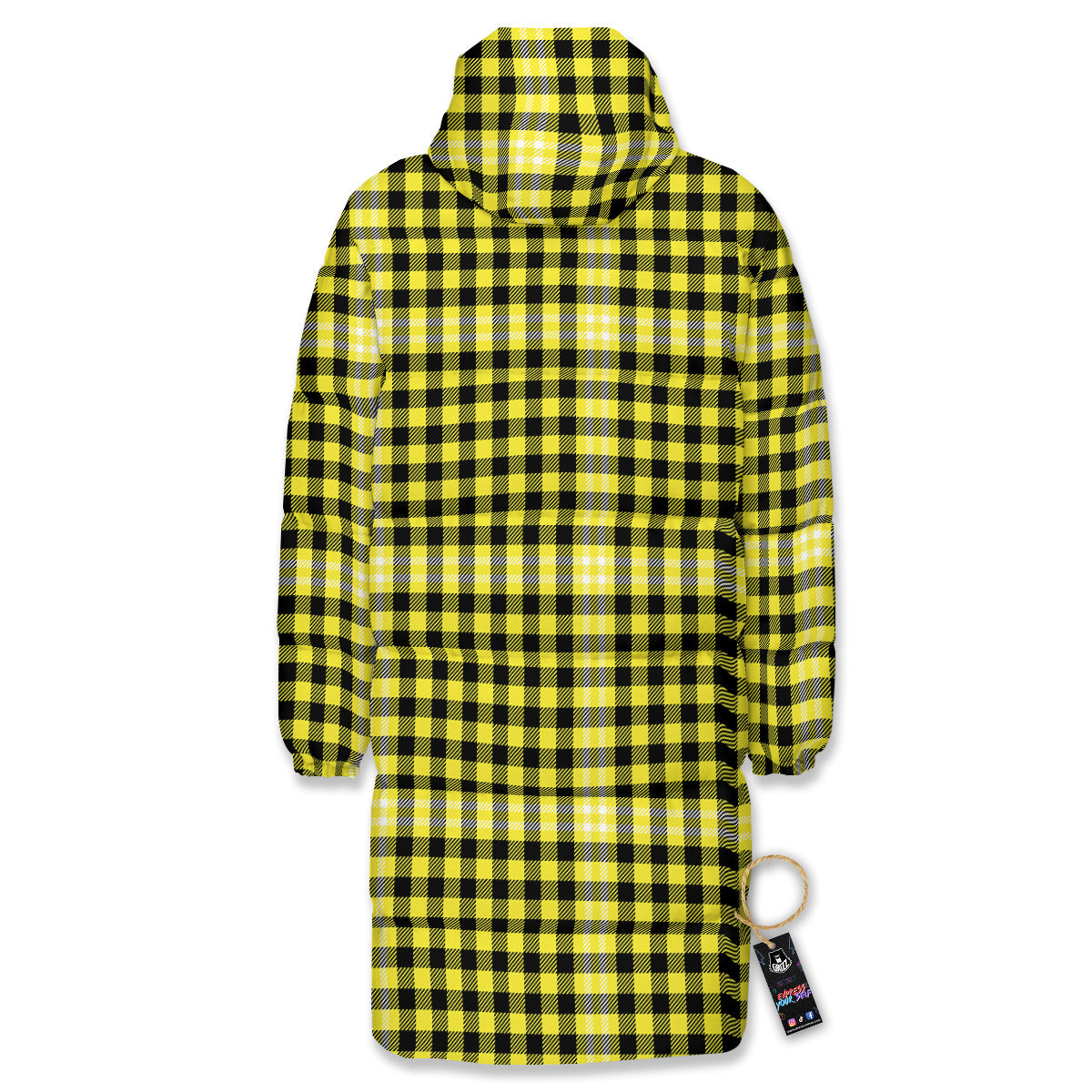 Checkered Yellow And Black Print Pattern Long Down Jacket-grizzshop