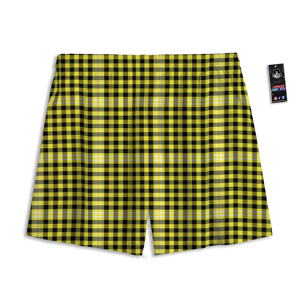 Checkered Yellow And Black Print Pattern Mesh Shorts