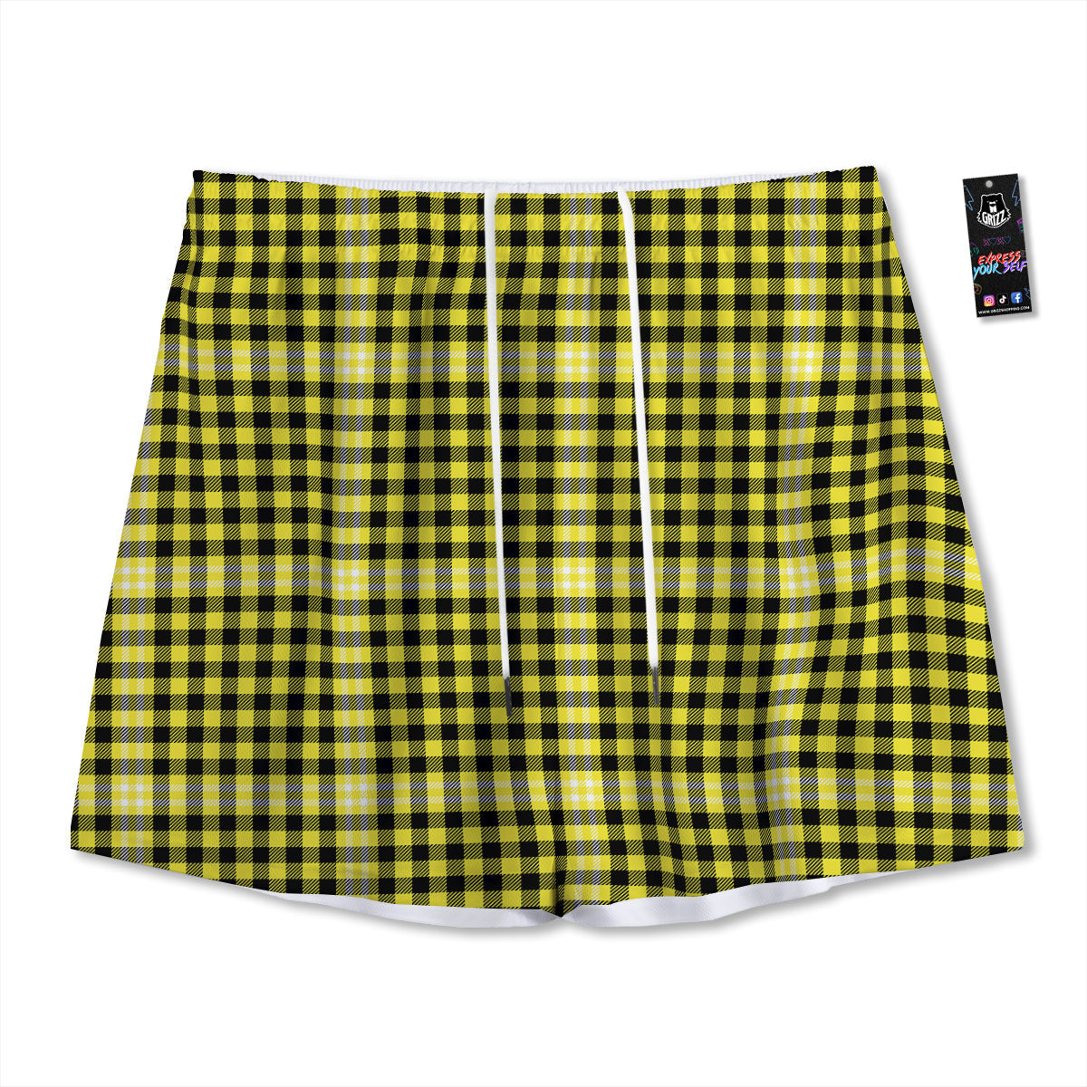 Checkered Yellow And Black Print Pattern Mesh Shorts