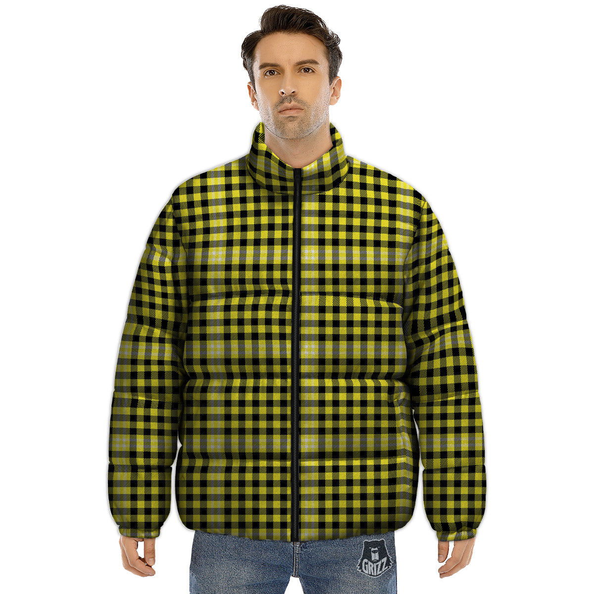 Checkered Yellow And Black Print Pattern Puffer Jacket-grizzshop