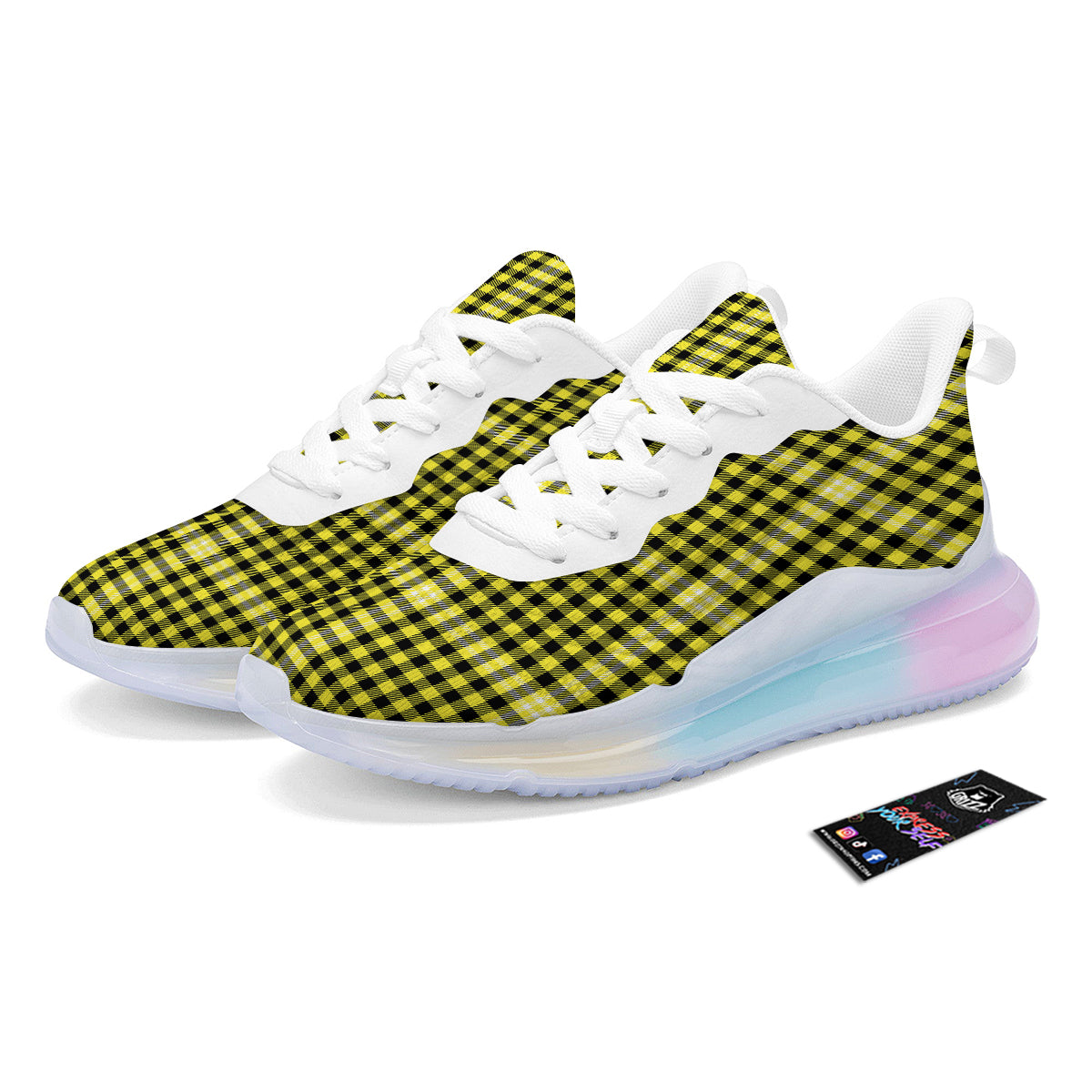 Checkered Yellow And Black Print Pattern Running Sneakers-grizzshop