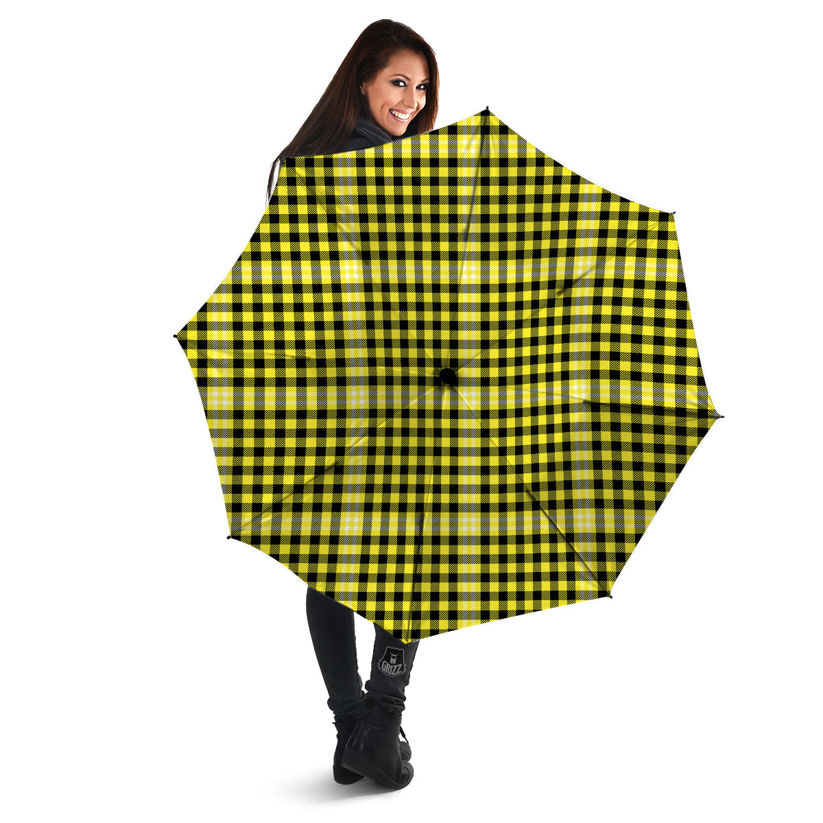 Checkered Yellow And Black Print Pattern Umbrella-grizzshop