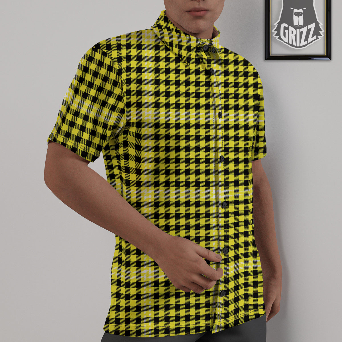 Checkered Yellow And Black Print Pattern Untucked Shirts-grizzshop