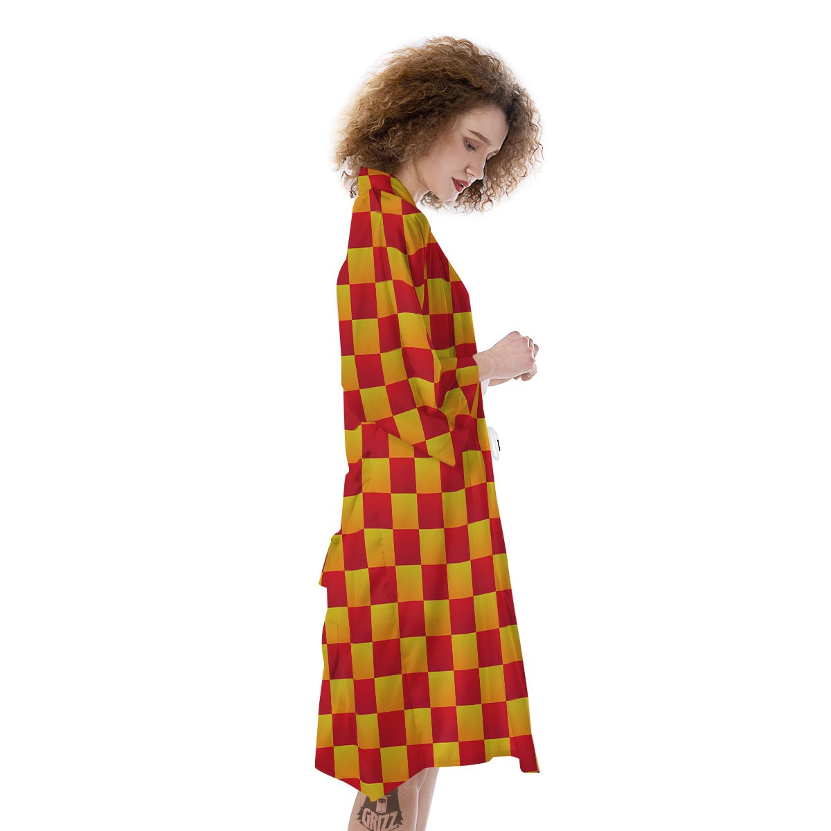 Checkered Yellow And Red Print Pattern Kimono-grizzshop