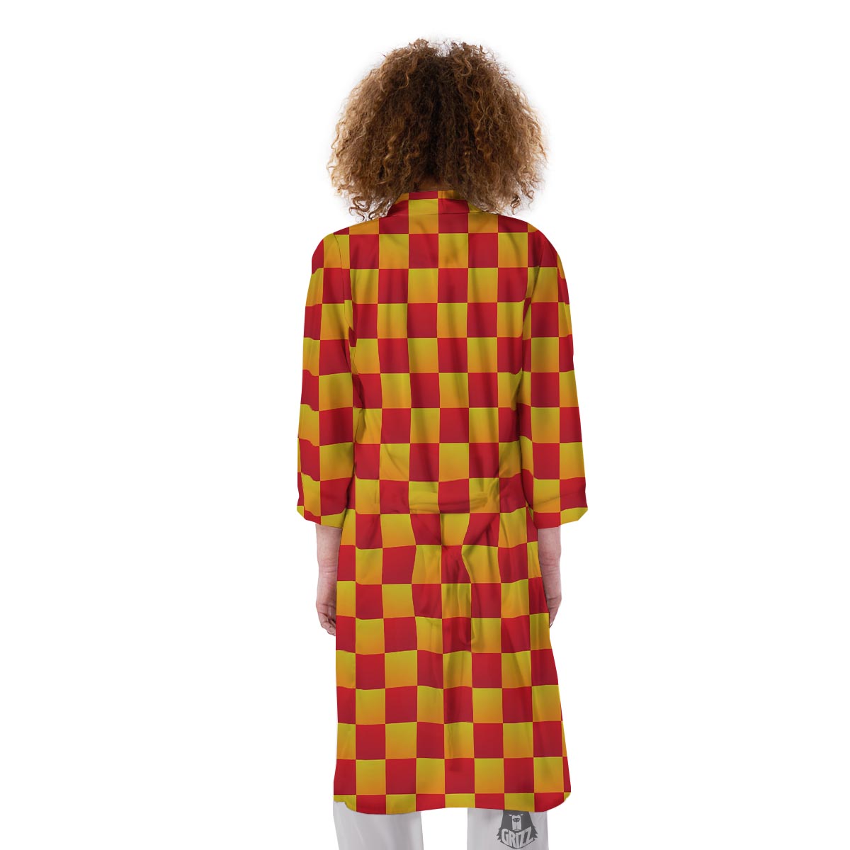 Checkered Yellow And Red Print Pattern Kimono-grizzshop