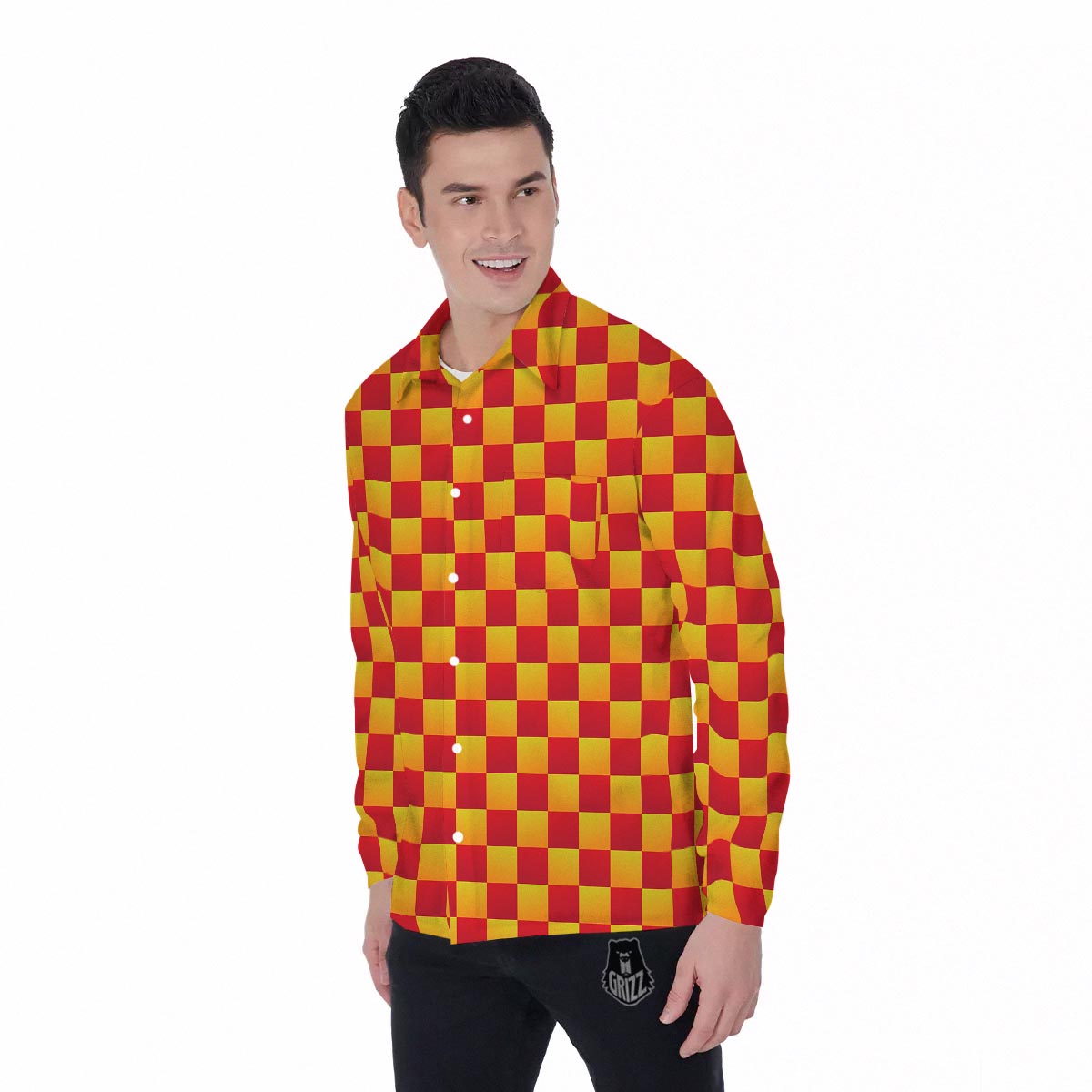 Checkered Yellow And Red Print Pattern Men's Long Sleeve Shirts-grizzshop