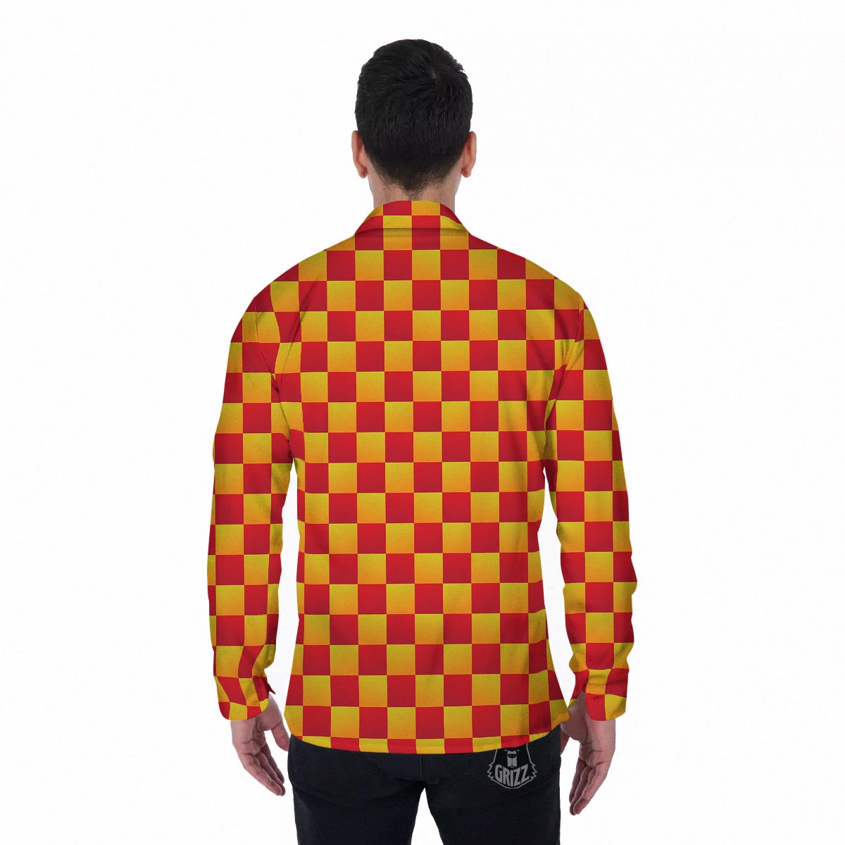Checkered Yellow And Red Print Pattern Men's Long Sleeve Shirts-grizzshop