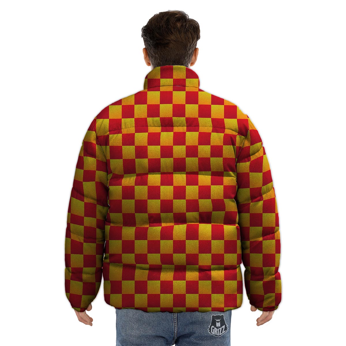 Checkered Yellow And Red Print Pattern Puffer Jacket-grizzshop