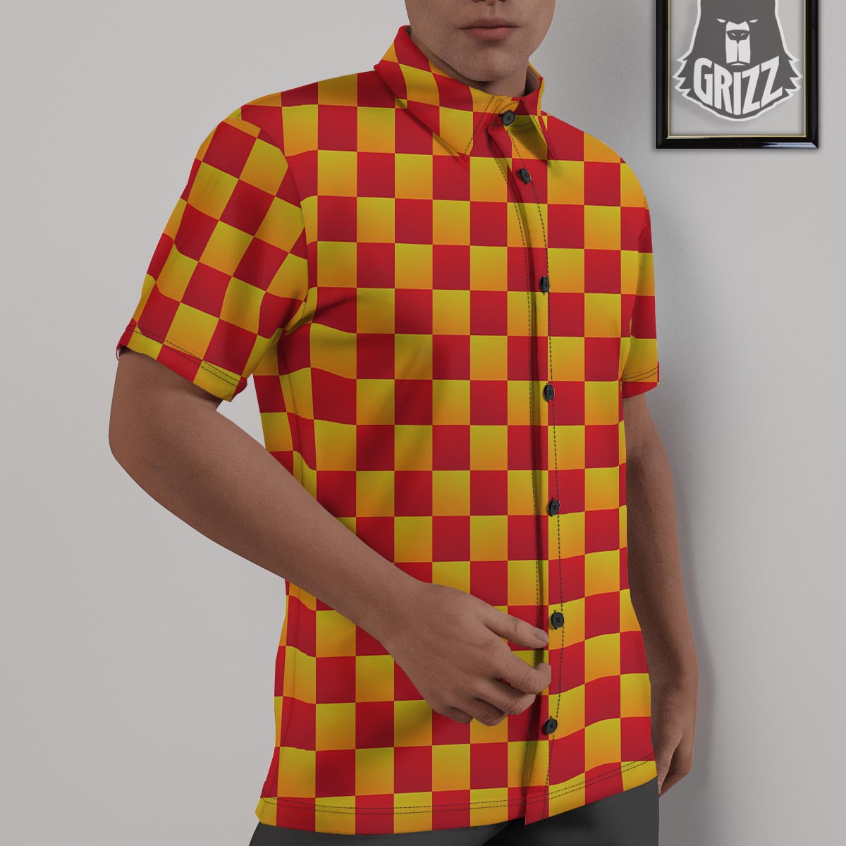 Checkered Yellow And Red Print Pattern Untucked Shirts-grizzshop