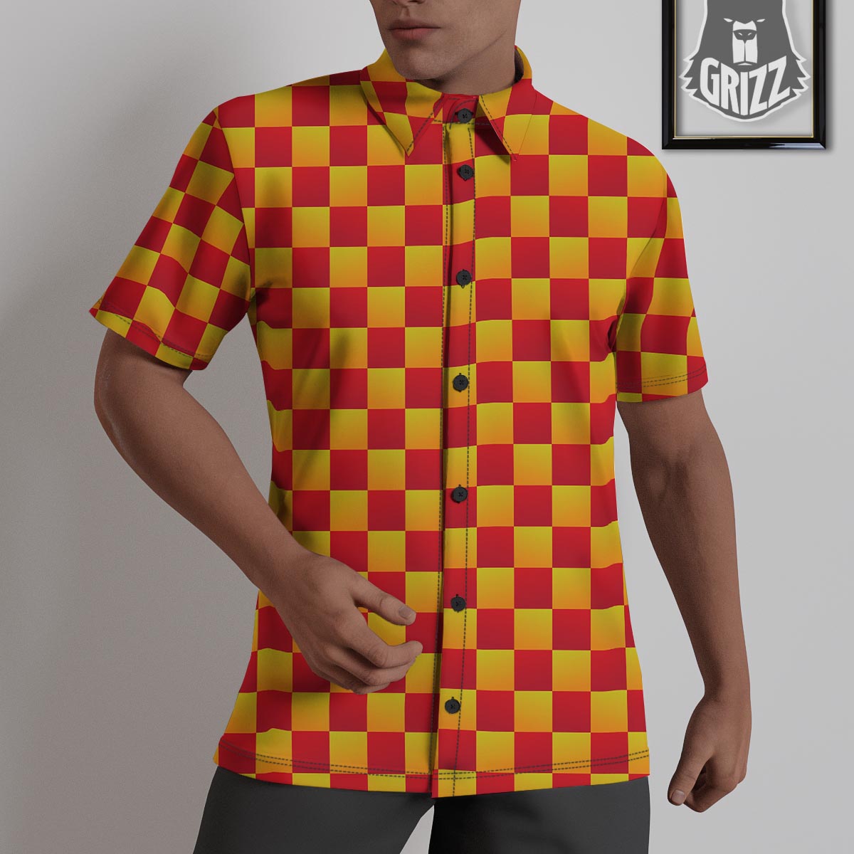 Checkered Yellow And Red Print Pattern Untucked Shirts-grizzshop