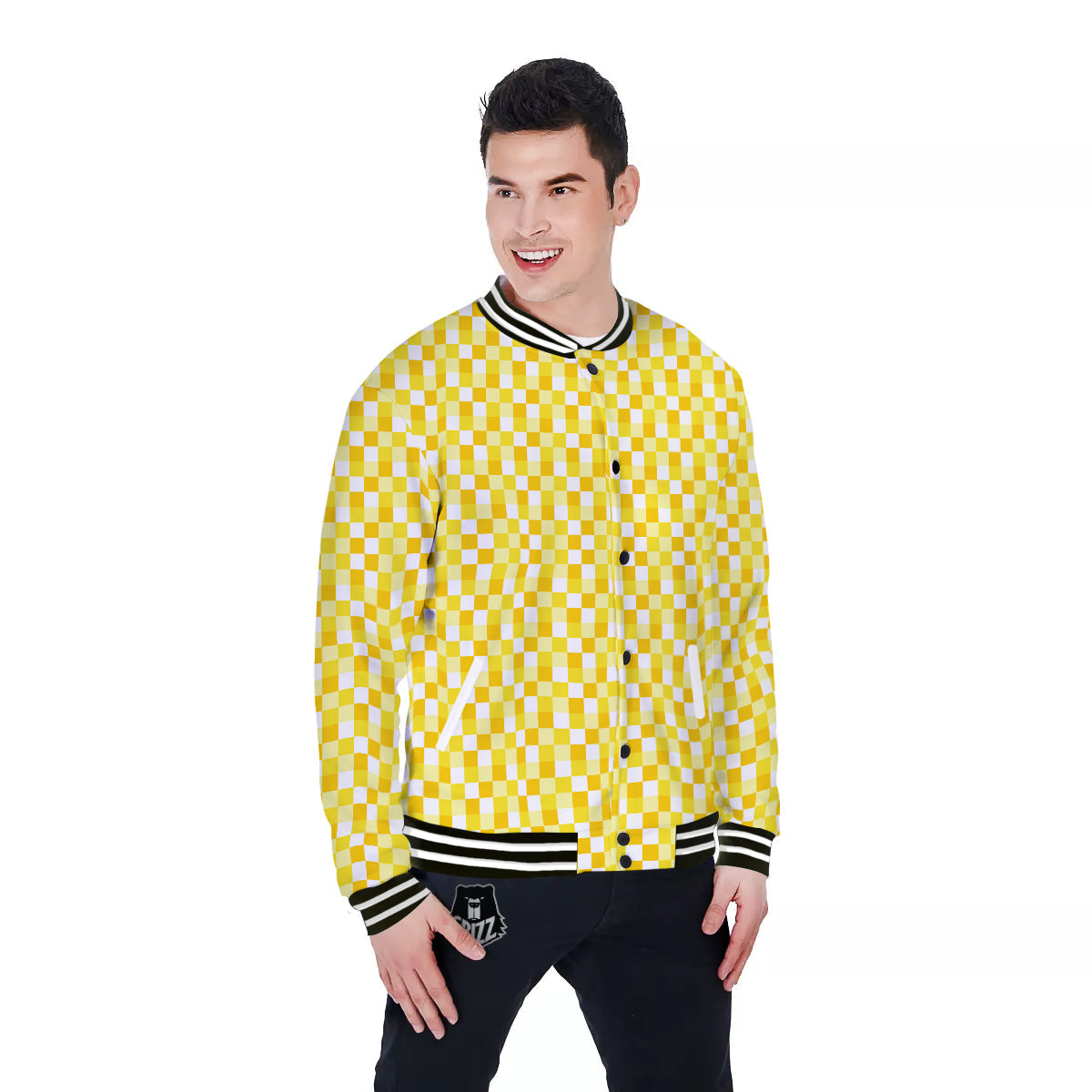 Checkered Yellow And White Print Pattern Baseball Jacket-grizzshop