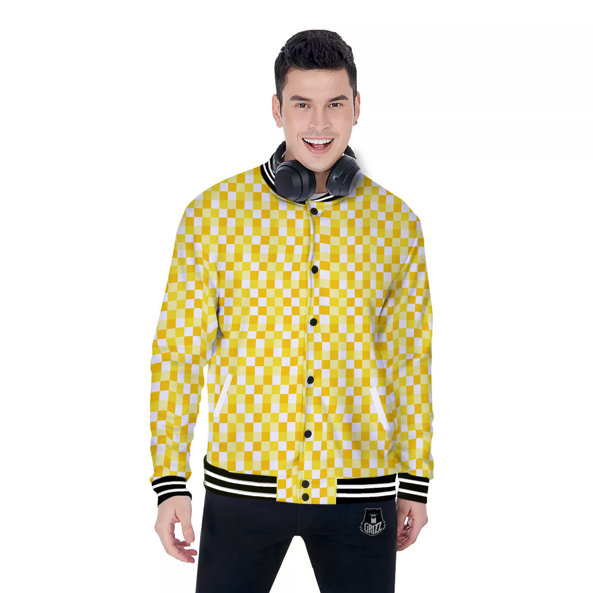 Checkered Yellow And White Print Pattern Baseball Jacket-grizzshop