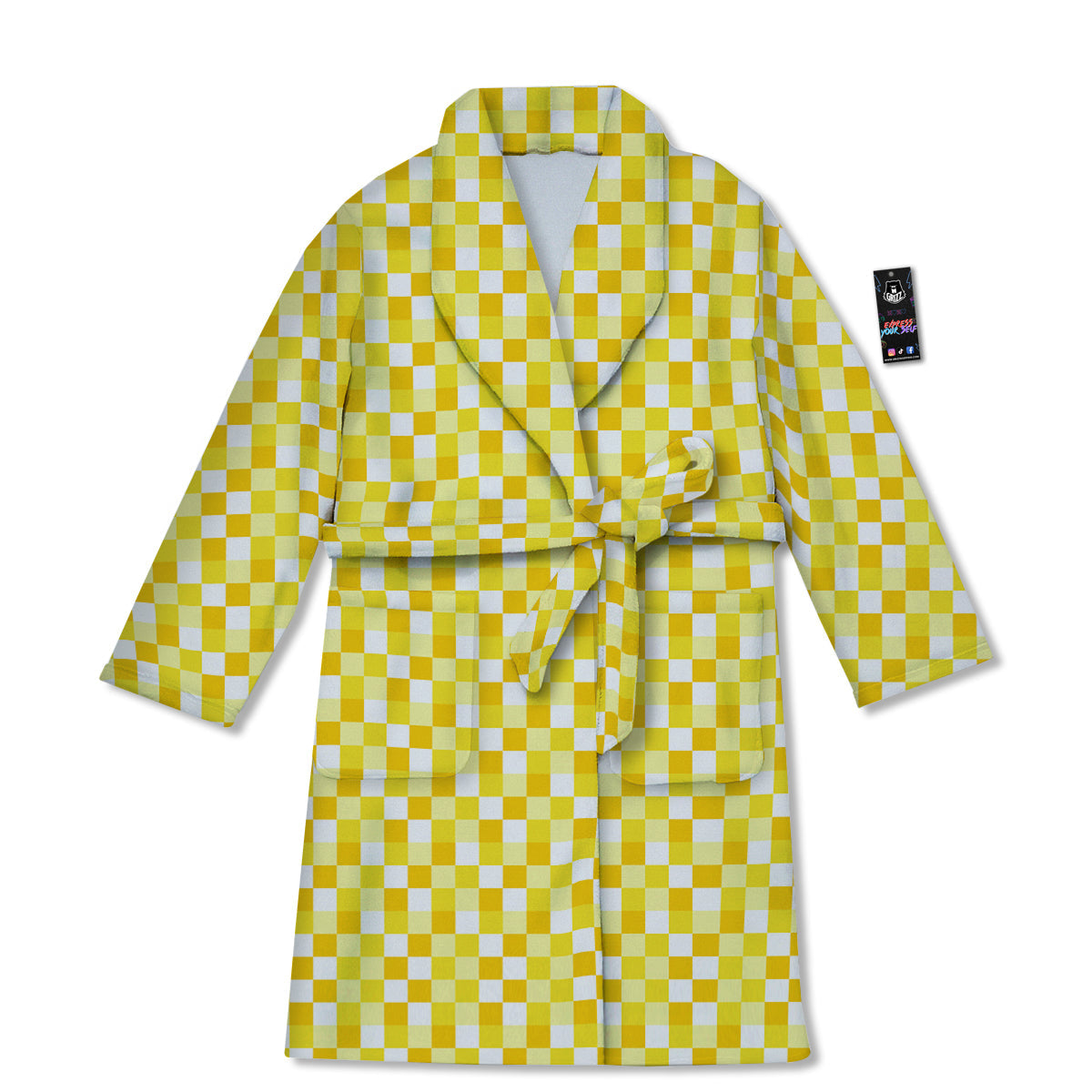 Checkered Yellow And White Print Pattern Bathrobe-grizzshop