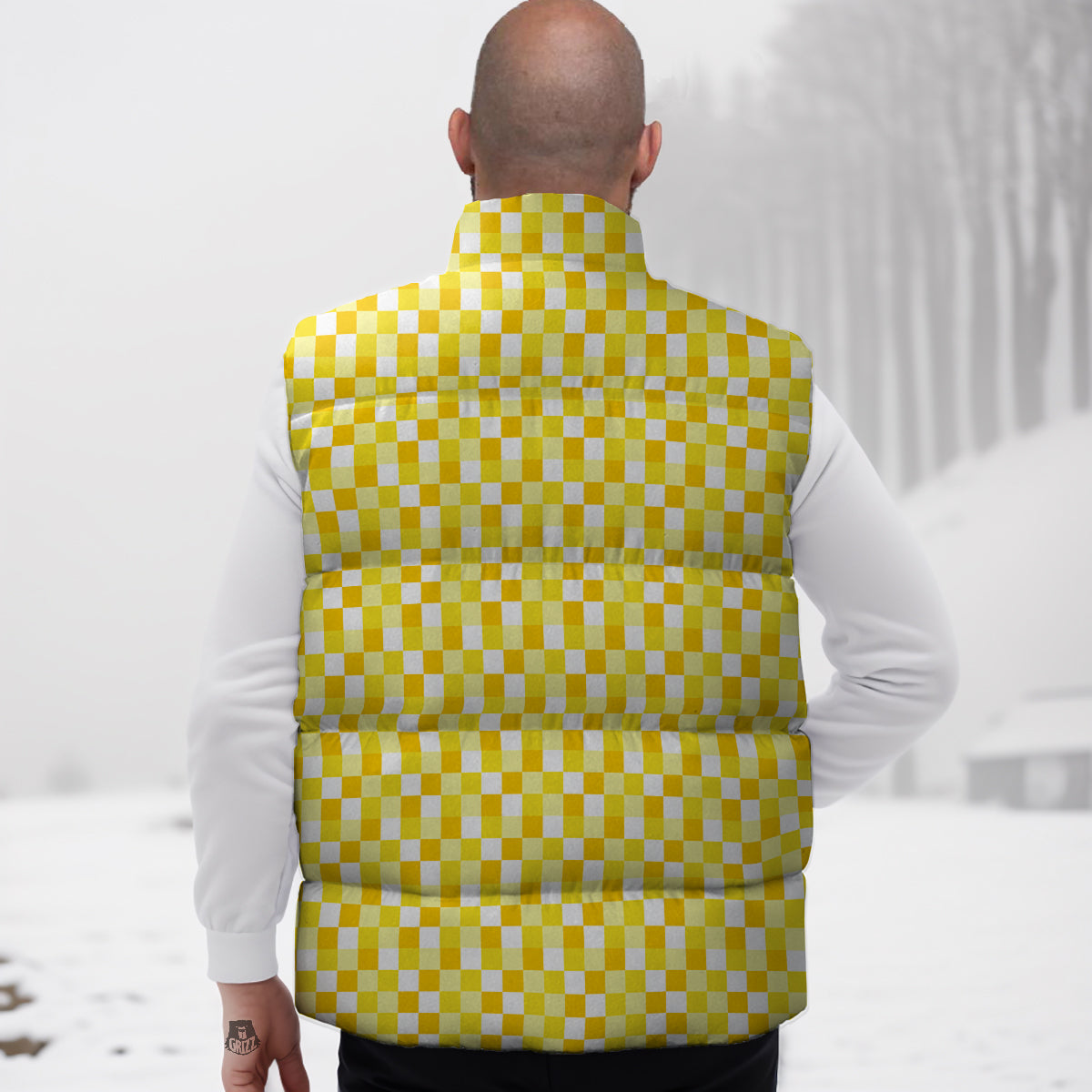 Checkered Yellow And White Print Pattern Down Vest