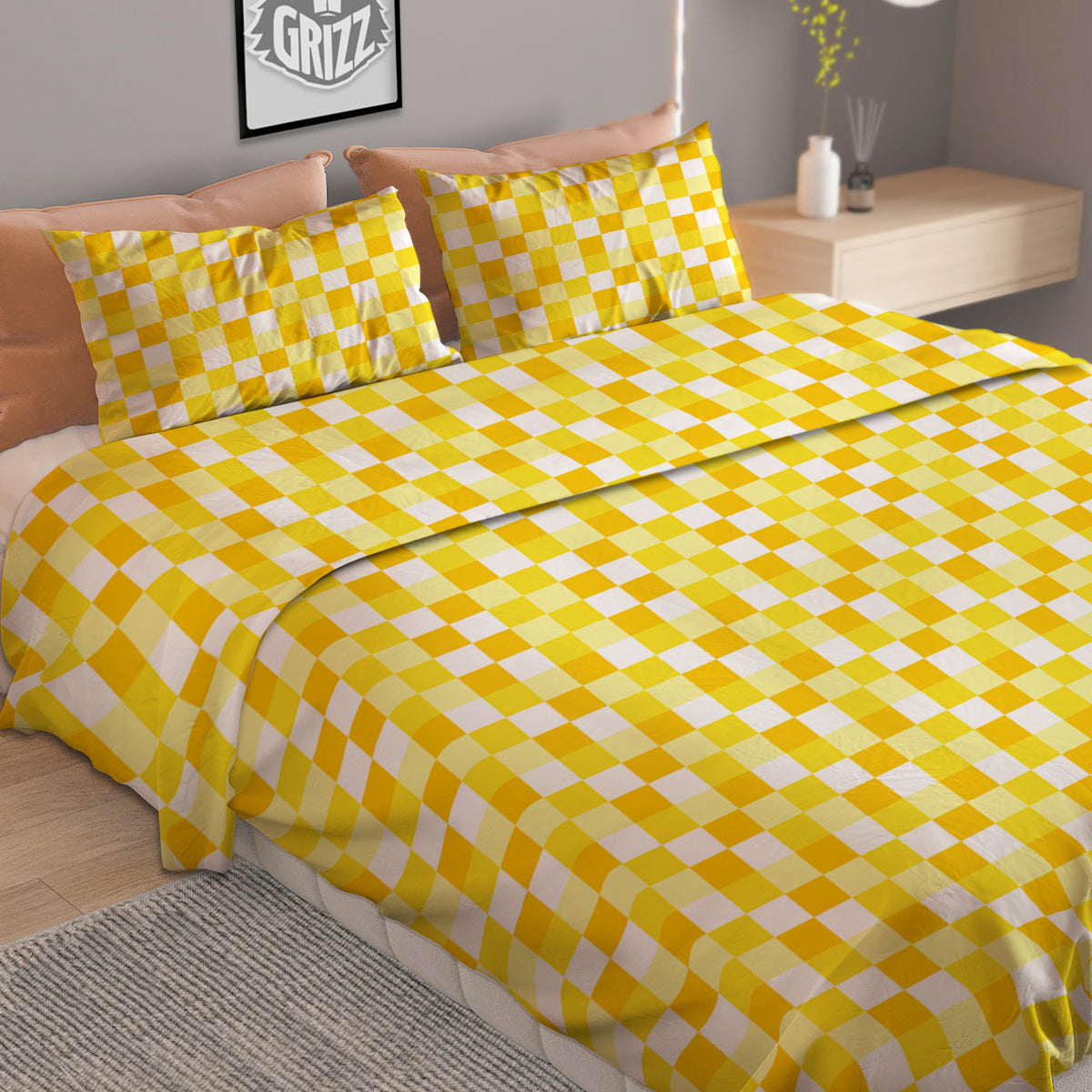 Checkered Yellow And White Print Pattern Duvet Cover Bedding Set