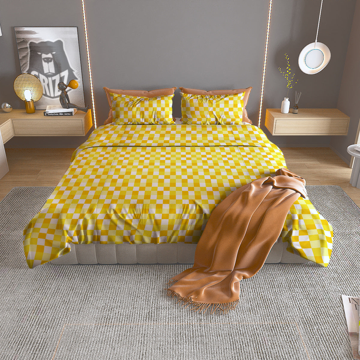 Checkered Yellow And White Print Pattern Duvet Cover Bedding Set