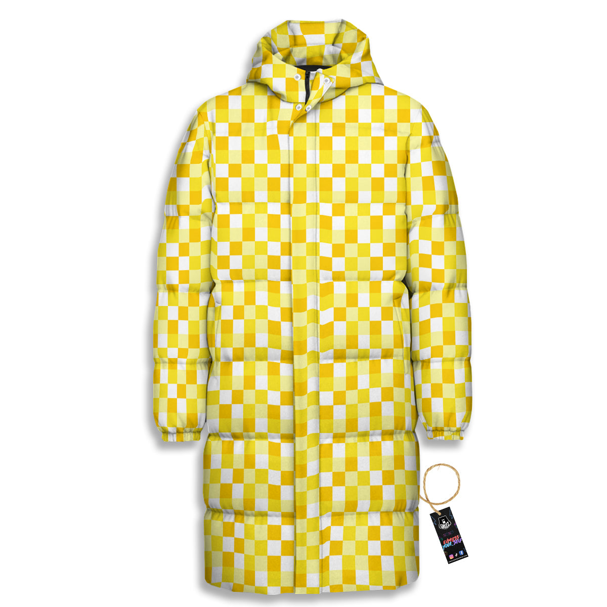 Checkered Yellow And White Print Pattern Long Down Jacket-grizzshop