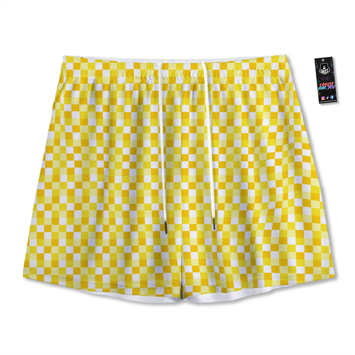 Checkered Yellow And White Print Pattern Mesh Shorts