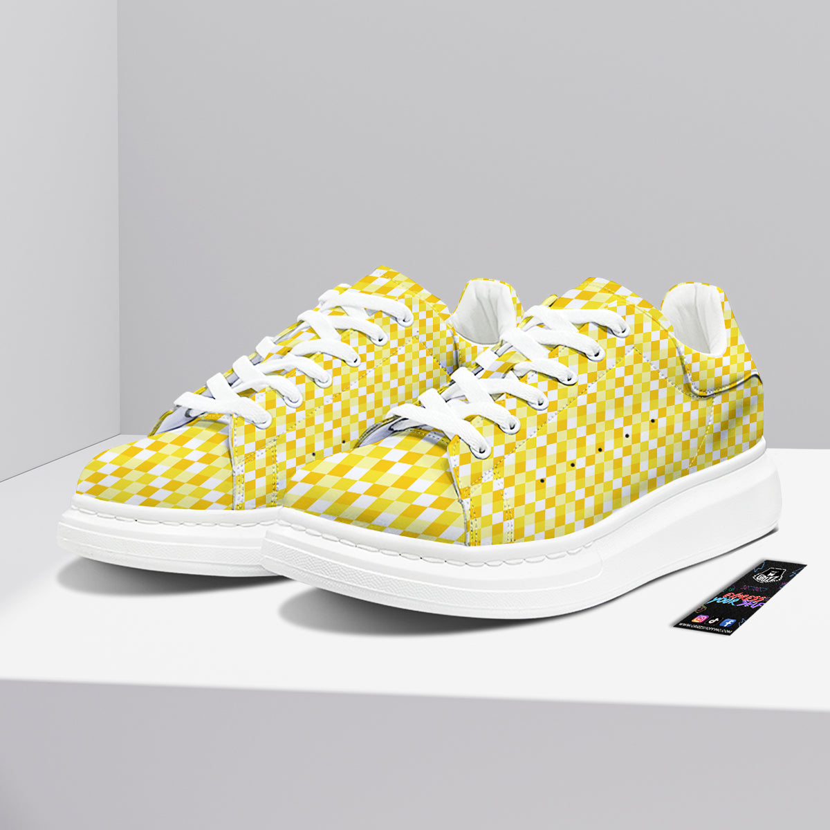 Checkered Yellow And White Print Pattern Platform Shoes-grizzshop