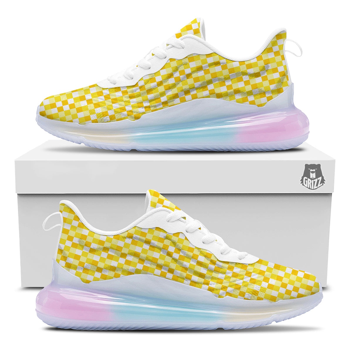 Checkered Yellow And White Print Pattern Running Sneakers-grizzshop