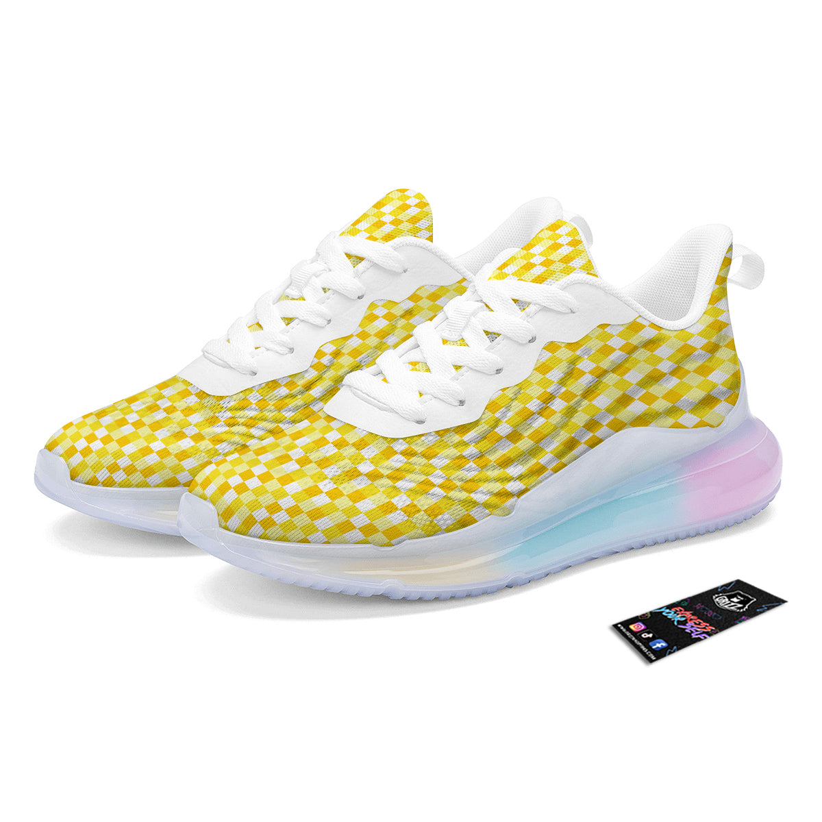 Checkered Yellow And White Print Pattern Running Sneakers-grizzshop