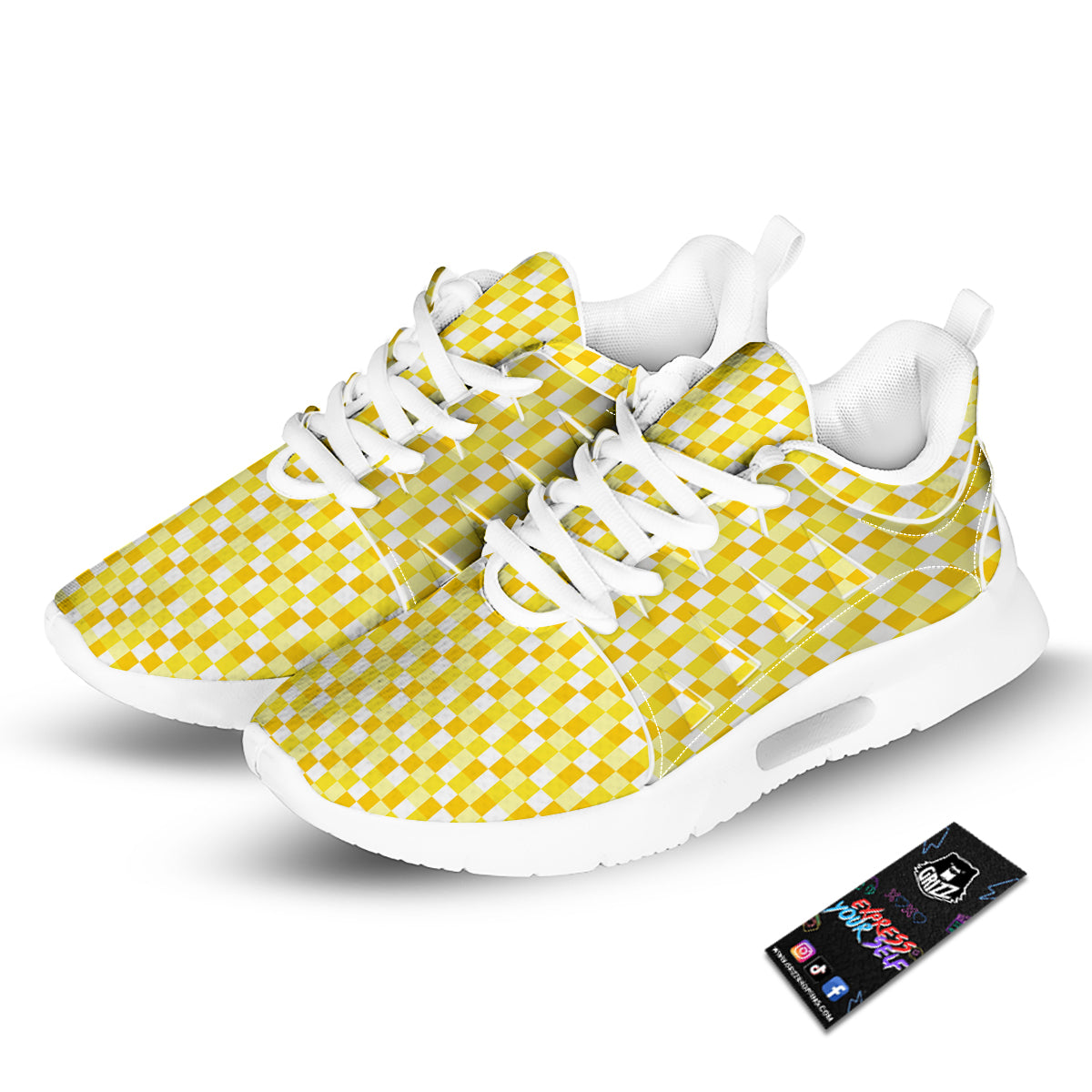 Checkered Yellow And White Print Pattern Tennis Shoes-grizzshop