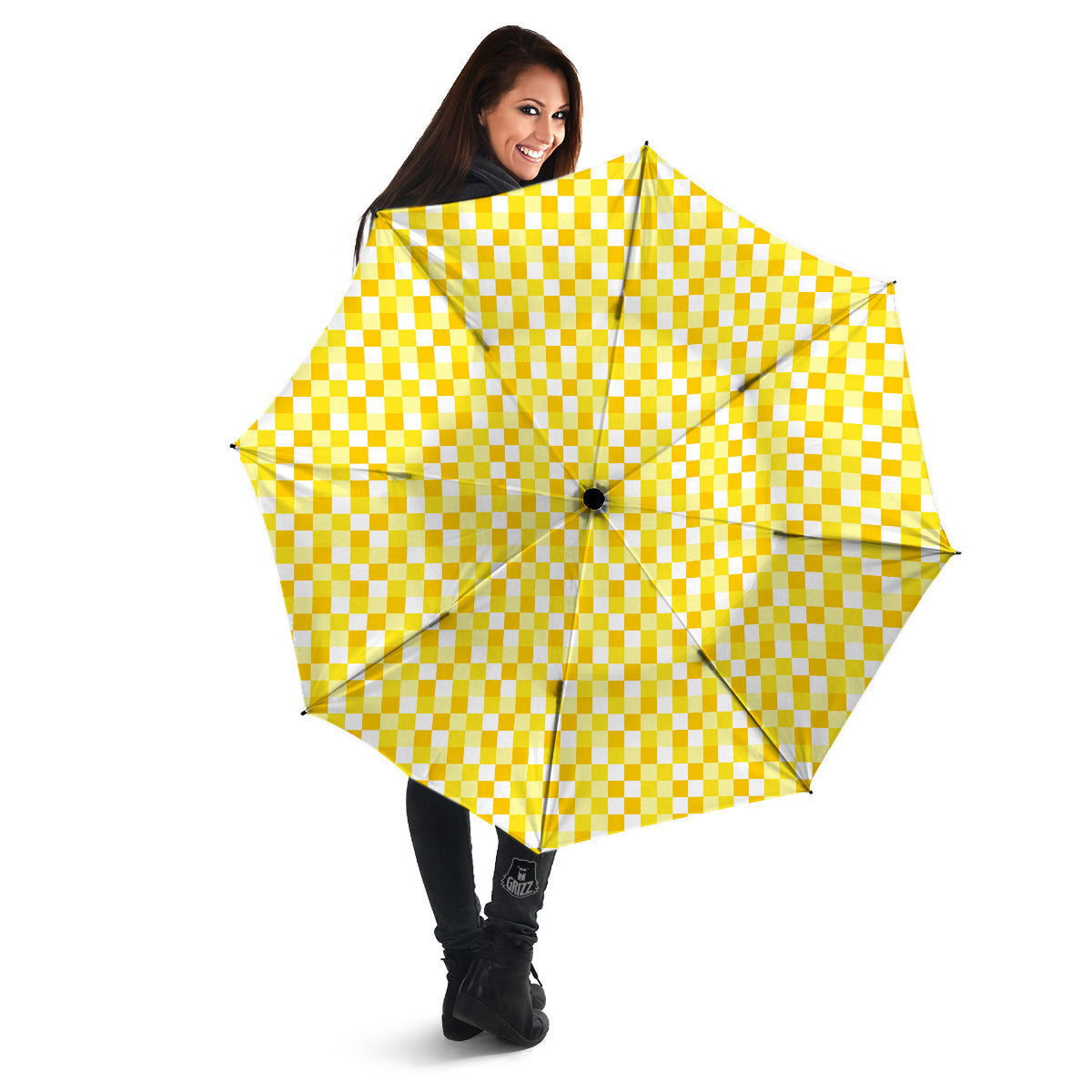 Checkered Yellow And White Print Pattern Umbrella-grizzshop