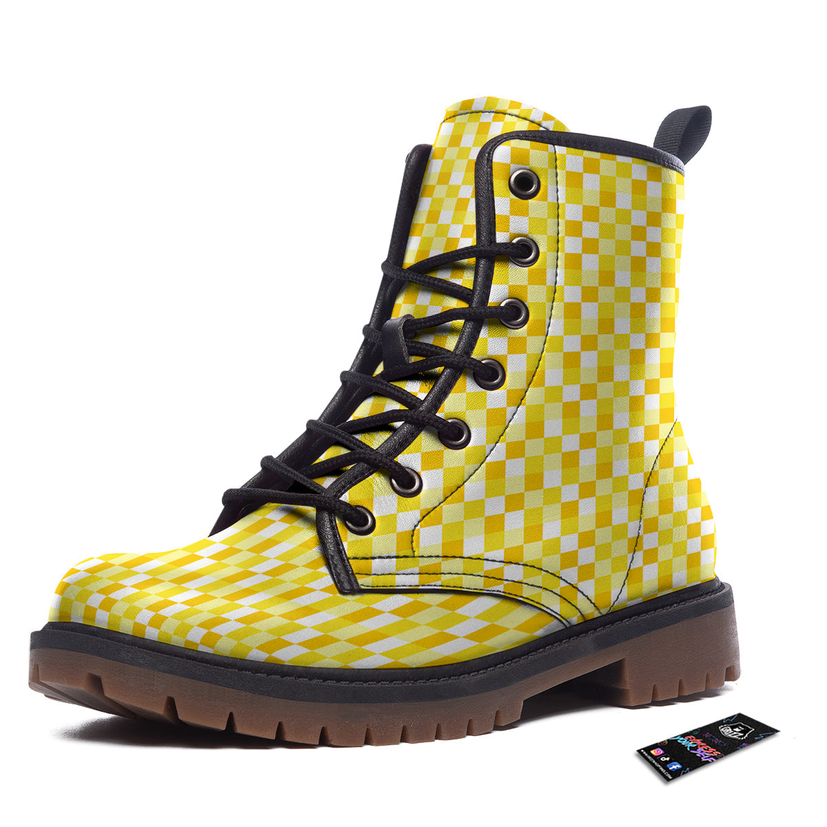 Checkered Yellow And White Print Pattern Work Boots-grizzshop