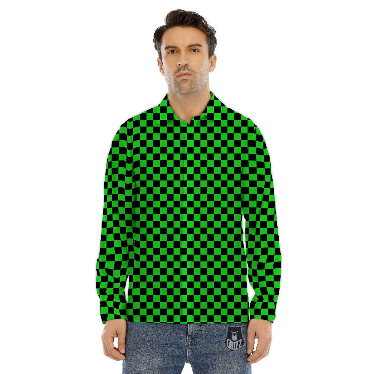 Checkered Green And Black Print Men's Dress Shirts