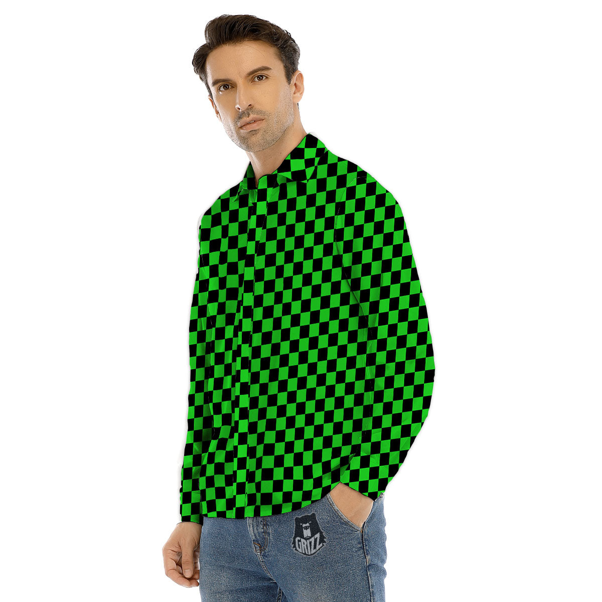 Checkered Green And Black Print Men's Dress Shirts