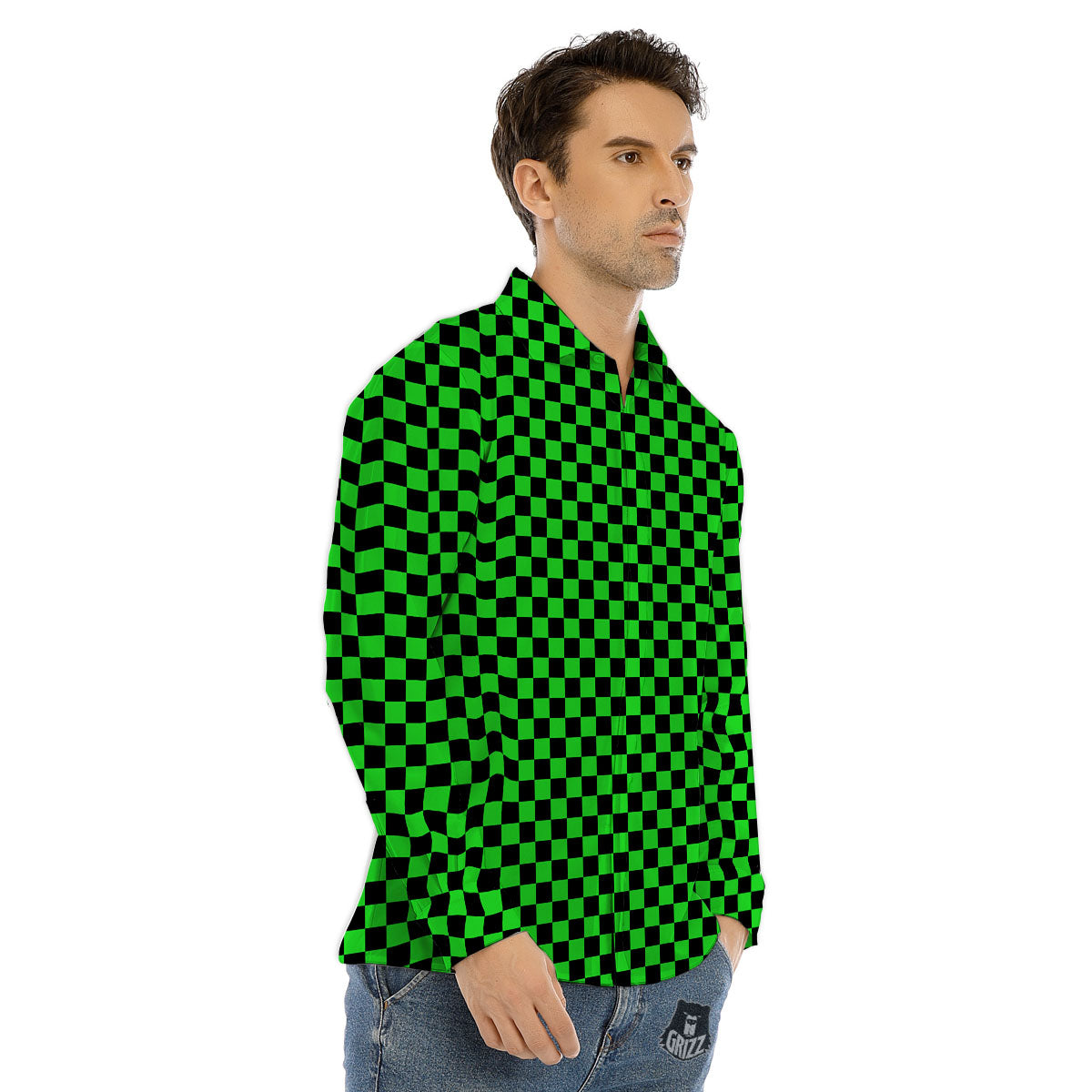 Checkered Green And Black Print Men's Dress Shirts