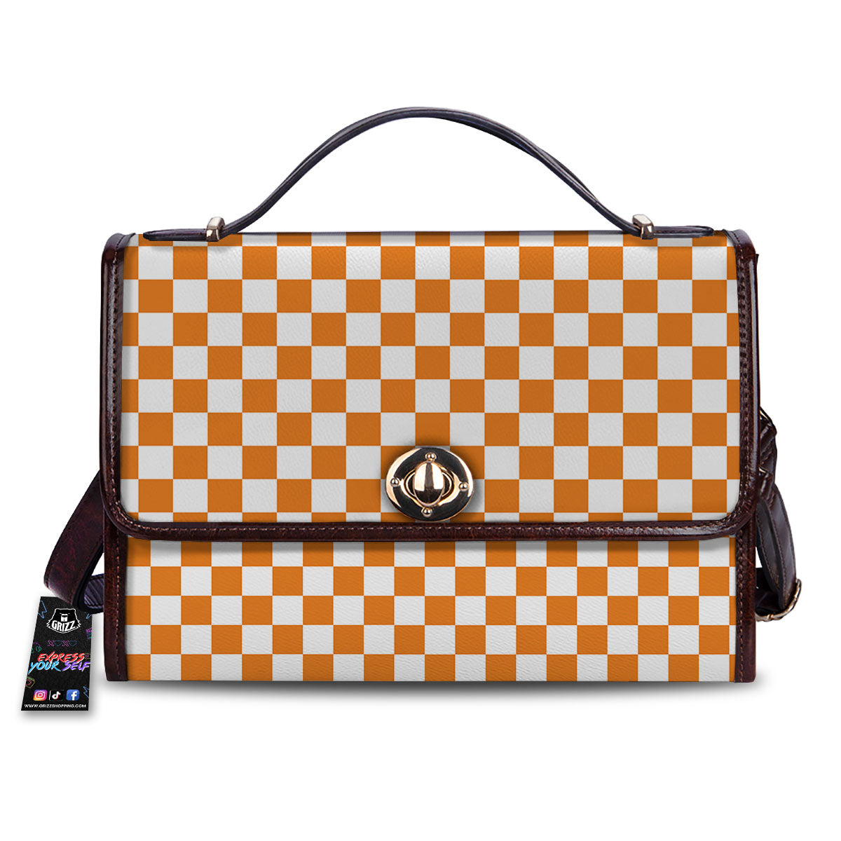 Checkered White And Orange Print Pattern Women's Satchel Bag